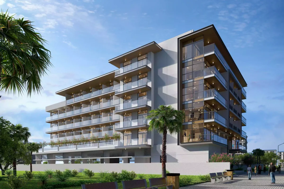Modern residential building in Dubai showcasing Smart and Secure Living in Dubai, with six floors, glass balconies, warm interior lighting, and sleek architecture. The exterior features contemporary materials, landscaped surroundings, pedestrians, and luxury cars, set against a twilight sky.