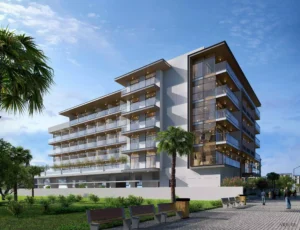 Modern residential building in Dubai showcasing Smart and Secure Living in Dubai, with six floors, glass balconies, warm interior lighting, and sleek architecture. The exterior features contemporary materials, landscaped surroundings, pedestrians, and luxury cars, set against a twilight sky.