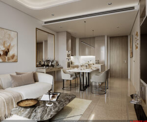 A modern and elegantly designed apartment in Dubai, showcasing the high-quality living spaces offered by Investing in Mirha Homes Development. The open-plan layout features a stylish living area with a cozy sofa, a marble coffee table, and neutral-toned décor. The dining space includes a sleek table with four upholstered chairs, seamlessly connected to a contemporary kitchen with built-in appliances and soft-close cabinets. Warm lighting, gold accents, and wellness-inspired interiors enhance the luxurious feel, making this an attractive choice for investors seeking premium real estate opportunities in Dubai.